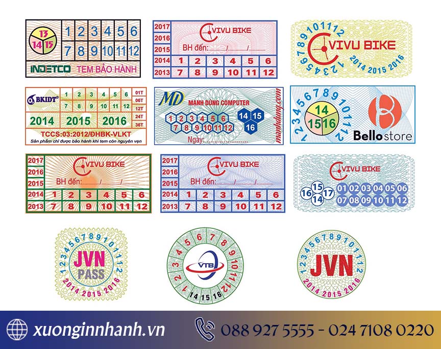 Tem bảo hành có nhiều hình dạng và kích thước khác nhau